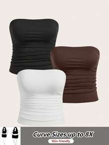 SHEIN CURVE+ 3件套加大码女式抹胸上衣基础款 - 彩色 - 查看 1