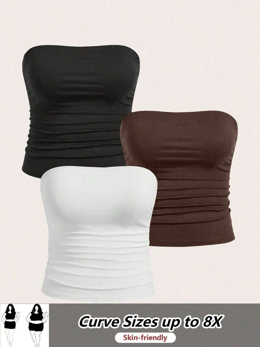 SHEIN CURVE+ 3件套加大码女式抹胸上衣基础款 - 彩色 - 查看 1