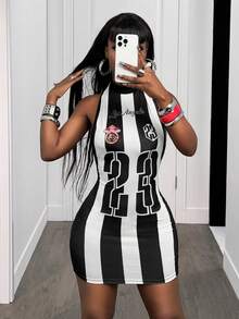 BamGleam Đầm ôm sát gợi cảm, thoải mái, chất liệu lụa sữa co giãn, họa tiết chữ và số sọc đen trắng, lưng chéo, hở vai, dành cho nữ. - Đen và trắng - Xem 6