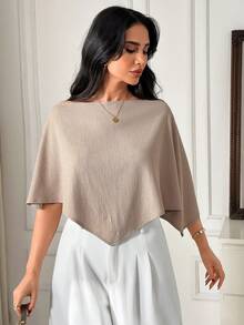 EURMUSE Poncho Top, Asymmetric Hemline, One-Shoulder Design, Lightweight Fabric, Relaxed Fit Silhouette, Minimalist Chic Style, Timeless Neutral Tone, Effortless Elegant Look - Camel - View 4