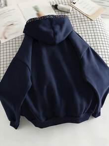 INAWLY 女士几何印花拼接长袖休闲抽绳连帽卫衣