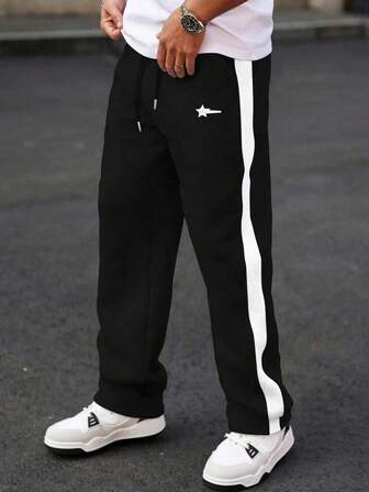 Manfinity Hypemode Herr Casual Kontrastfärgade Träningsbyxor, Minimalistiska Vardagskläder Herr Svarta Och Vita Byxor Streetwear Träningsbyxor Herr Vida Ben Sidorand Gymbyxor Street Wear Byxor