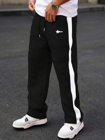 Manfinity Hypemode Herren Lässig Kontrast Farbige Jogginghose, minimalistischer Alltagsanzug Herren Schwarz und Weiß Hose Streetwear Jogginghose Herren Weites Bein Seitenstreifen Fitnesshose Streetwear Hose