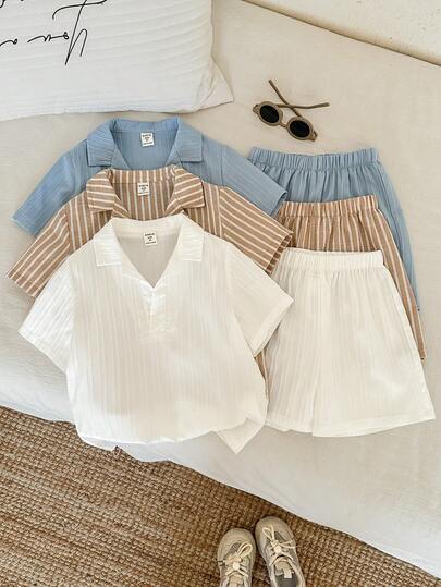 SHEIN Set de 6 piezas de camisa de manga corta con cuello de rayas y pantalones cortos de tela para niños/niñas, de primavera/verano, de color sólido, cómodo y versátil para uso diario