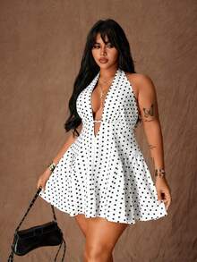 Rustia 大码女士时尚波点吊带性感A字迷你连衣裙 - 白色 - 查看 5