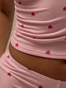 MUSERA ESSENTIALS Pink Heart All Over Print Triangle Cami Top & Fitted Boy Shorts Two Pieces Set Valentines Sexy Lingerie Date Cute Evening Essential - Pink - View 6