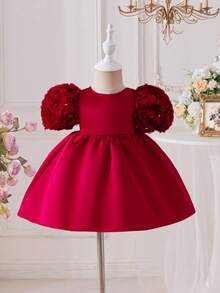 SHEIN Babygirl Cute & Elegant Red Floral Mesh Short Sleeve Dress - Multicolor - View 9
