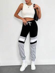 EURMUSE Pantalones de chándal con bloqueo de color, cintura con cordón y bolsillo en diagonal - Negro - Ver 3