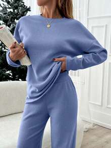 EURMUSE Women Beige Wide Leg And Top Two Pieces - Blue - View 3