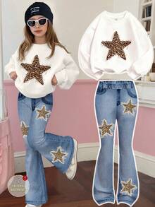 SHEIN Leap Crew 2 件套青少年女孩复古豹纹和星星图案厚实柔软舒适宽松圆领长袖运动衫和喇叭裤套装，适合秋季日常穿着、街头服饰、校园装、秋冬装 - 彩色 - 查看 3