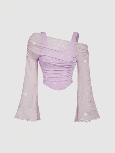 SHEIN MOD Fashionable Sexy Sequin Decor Oblique Shoulder Long Sleeve Sheer T-Shirt, Apricot Off-Shoulder Mesh 2in1 Trumpet Sleeve Long Sleeve Women's Top,Western,Vintage,70s,The Bachelorette, Fall Outfits For Women, Christmas, Black Top, Sequin Top, Party Outfits,Black Tops Lavender Top Off Shoulder Mesh Top Light Purple Top
