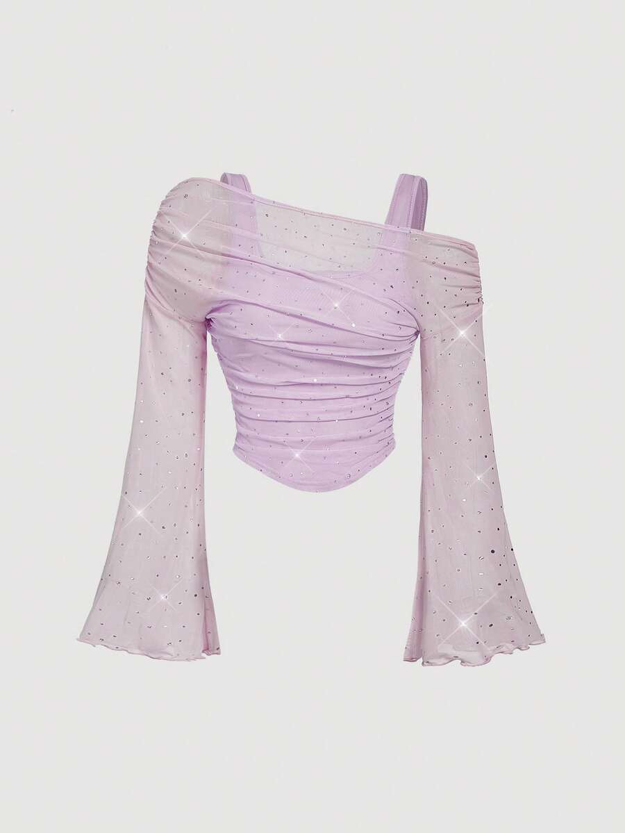 SHEIN MOD 时尚性感亮片装饰不对称肩部长袖透视T恤，网纱二合一喇叭袖长袖女式上衣，西部风，复古风，70年代风格，单身派对，秋季，圣诞节，派对，闪亮上衣 - 紫丁香色 - 查看 1