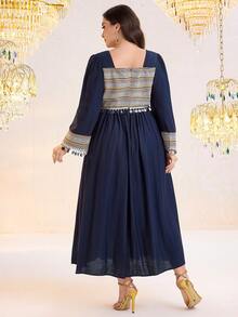 Al Najma New Contrast Color Patchwork Embroidered Waist Cinching Vacation Beach Dress Kaftan Jalabiya Dress - Navy Blue - View 7