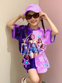 Sparklyn 少女时尚休闲两件套，流行音乐女团闪亮图案数码印花，适合暑期学校活动和日常穿着。 - 彩色 - 查看 1