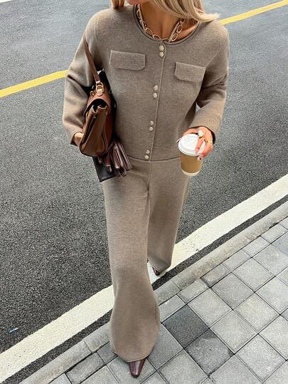 Livesso 2pcs Women Casual Metal Button Decor Sweater Top And Pants Set, Autumn/Winter