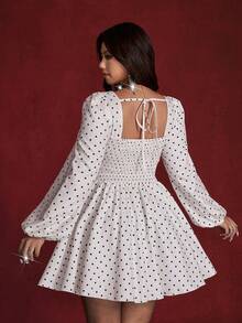 Viva Relle Valentine Plus Size Elegant Party Polka Dot Print Lantern Sleeve Dress - Apricot - View 2