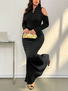 Auralis Plus-Size Women's Autumn And Winter Fashion Casual High Elastic Comfortable Daily Basic Versatile Slim Off-Shoulder Black High Collar Slim Fit Top, Fall Outfits, Base Tops, Work Tops, Winter Clothes /New Year/New Arrival/New Chinese Style Metal Buckle/Off-Shoulder Long-Sleeved Fitted Top - Black - View 3