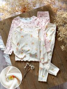 SHEIN 4件套少女花卉和熊印花针织休闲T恤和裤子家居服套装花卉睡衣套装女童睡衣套装睡衣套装 - 彩色 - 查看 11
