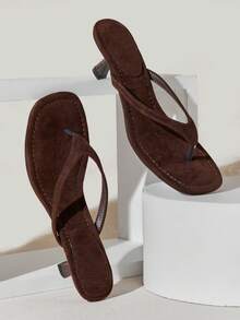SHUZIA Women's Minimalist Comfortable Round Toe Kitten Heel Faux Suede Thong Sandal - Chocolate Brown - View 6