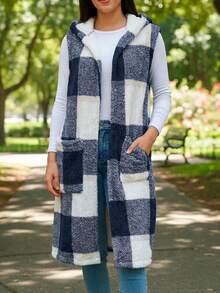 Chaleco Largo de Cuadros para Mujer, Suave para Otoño Invierno - Azul - Ver 1