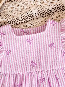 SHEIN 2pcs Baby Girls' Spring/Summer Casual Striped Flare Sleeve Bow Tie Chiffon Blouse And Pants Set