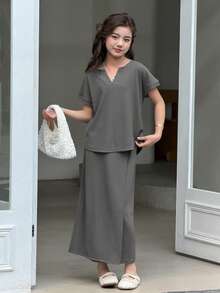 DAZY 2pcs/Set Tween Girls V-Neck T-Shirt And A-Line Textured Skirt Casual Outfit, Fall - Dark Grey - View 4