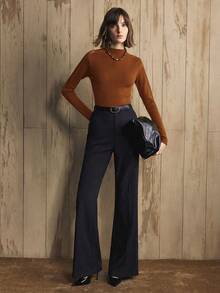 Arave Women's Slim Fit, Half-High Collar, Mesh Shoulder Hollow Bubble Bead Design, Daily Commuting, Long-Sleeved Knitted Bottoming Shirt Fall Clothes For Women Winter Clothes   Women's Winter Sweater New Year - Coral Orange - View 2