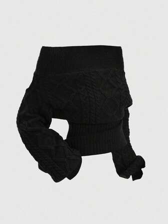 Romantic Thick Knit Z-Pattern Deep Floral Gray Off-Shoulder Lantern Sleeve Pullover Sweater