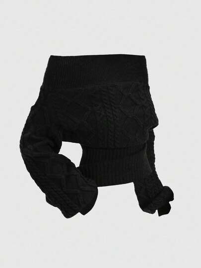 Romantic Thick Knit Z-Pattern Deep Floral Gray Off-Shoulder Lantern Sleeve Pullover Sweater