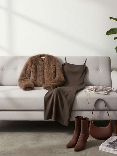 Modelyn Women's Autumn/Winter Fashion Vintage Coin Print Bodycon Dress And Short Fluffy Jacket 2-Piece Set Brown Two Piece Set Women