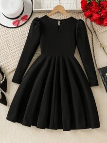 Elladie kids Christmas Fashionable Cute French Stylish 3D Floral Ribbed Long Sleeve Princess Dress Elegant Girl Dress Long Sleeve Black Dress Girl Black Dress Flower Embellishment Dress - Black - View 2