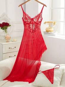 Seduluxe 2pcs Romantic Lace Splicing Asymmetrical Cami Sleepwear Set - Red - View 1