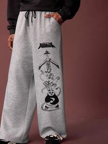 Kung Fu Panda X SHEIN Men's Casual Sports Panda Print Drawstring Waist Sweatpants - Light Grey - View 3