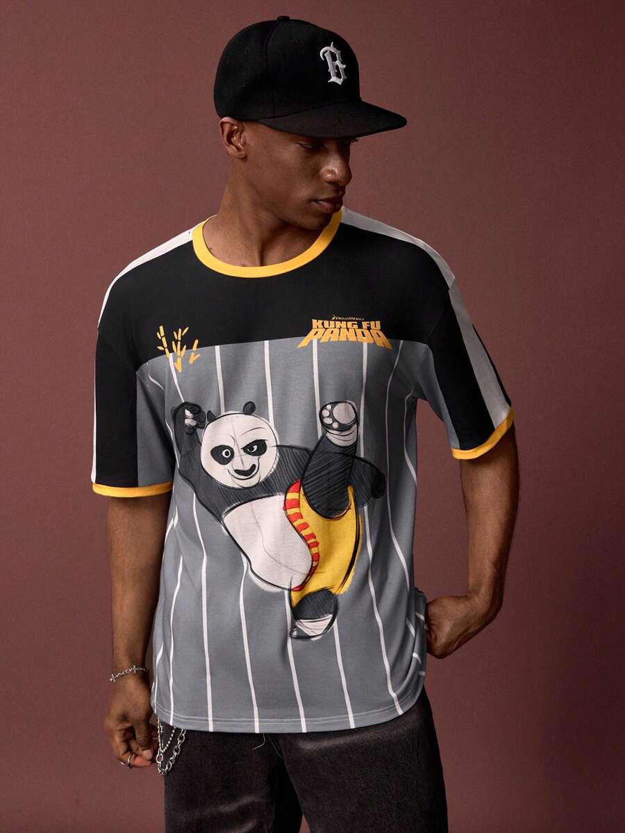 SHEIN Kung Fu Panda Men's Summer Casual Contrast Striped Panda Print Short Sleeve T-Shirt - Grey - View 1