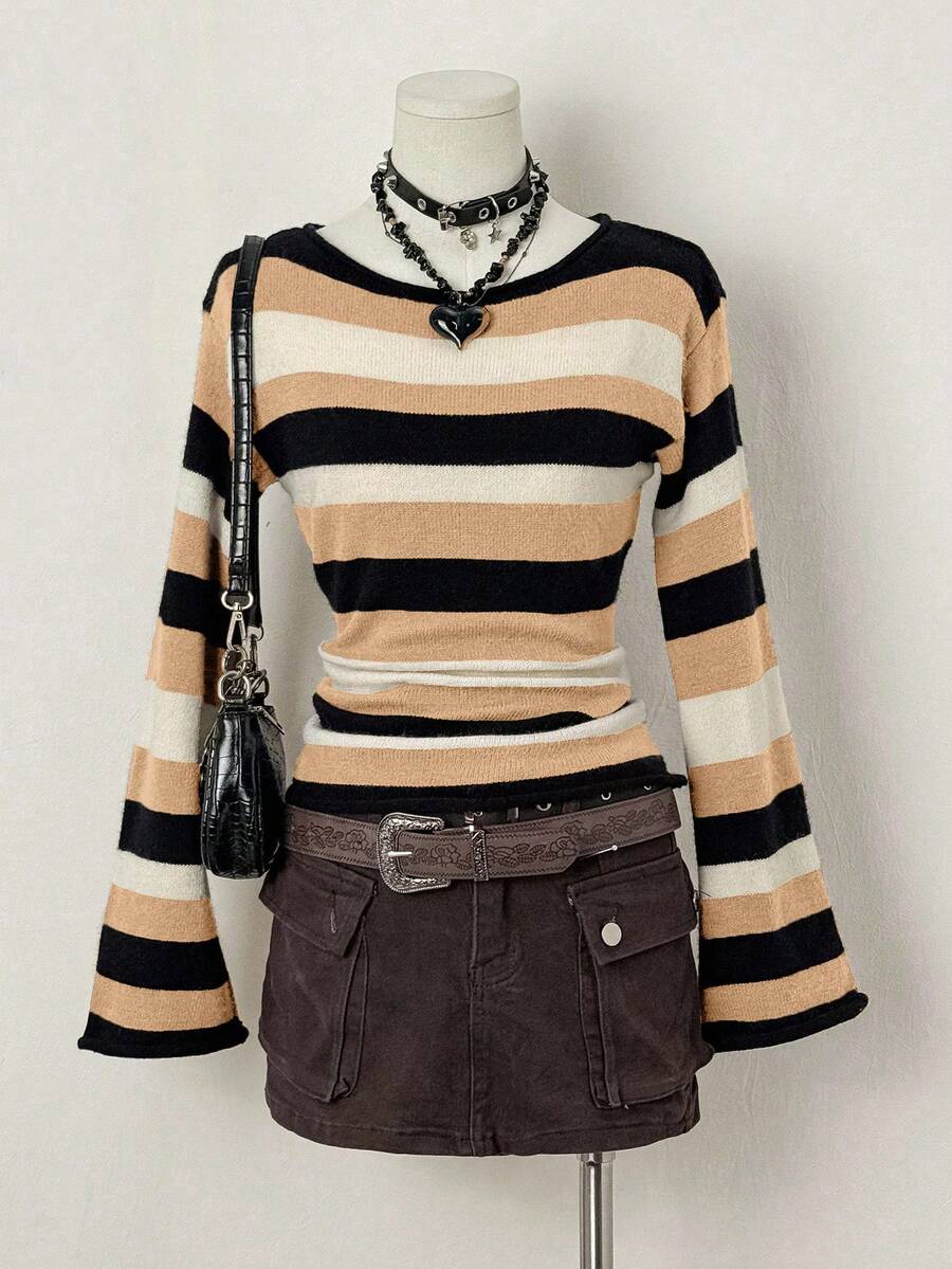SHEIN Unity 女士休闲撞色条纹喇叭袖毛衣，秋冬季 - 卡其色 - 查看 1