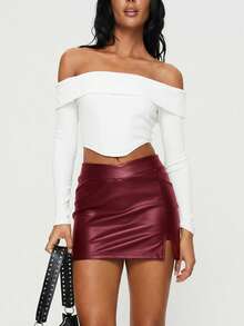 SHEIN BAE 女士休闲简约酒红色皮裙 - 酒紅色 - 查看 4