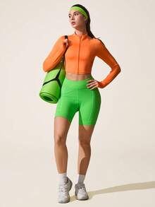 SHEIN Dewbera Women's Raglan Sleeve Zip Front Cropped Orange Sports Jacket - Orange - View 6