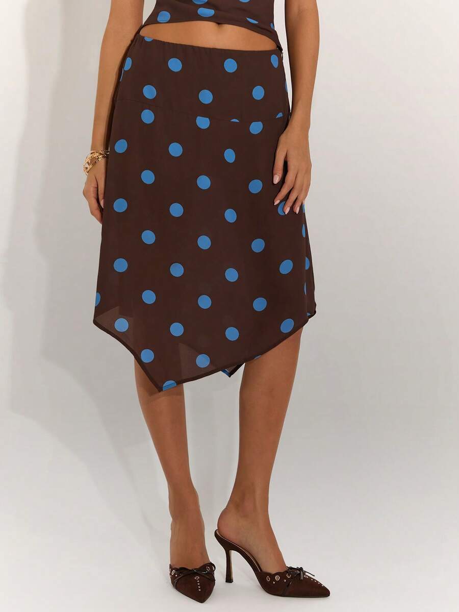 SHEIN BAE Chân váy họa tiết chấm bi thanh lịch, vạt bất đối xứng, thích hợp cho mùa hè. - màu nâu - Xem 1