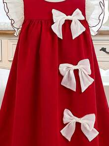 SHEIN Tween Girl Color Block Bow Accent Flutter Sleeve A-Line Dress, Round Neck Flutter Sleeve Dress - Red - View 5