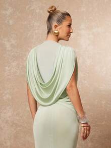 Lumalex Elegant Sage Green Summer Party Dress For Women,High-End Knitted Ruched Draped Waist Fitted Slim Luxury Gala Night Wedding Prom Graduation Gown - Olive Green - View 6