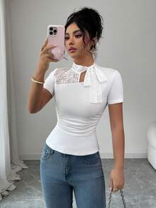 Elenzga Elegant Contrast Lace Hollow Bow Tie Short Sleeve T-Shirt - White - View 3