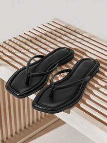 SHUZIA #SummerEssential Women's Square Toe Rolled-Edge Minimalist Cushion-Insole Premium Pu Black Flip-Flop Sandal– Simple, & Comfortable - Black - View 5