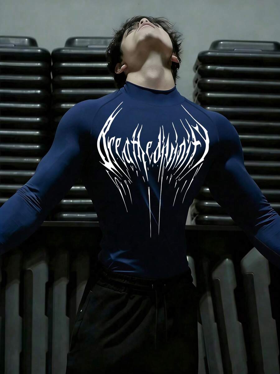 RISE LYT 男士休闲运动健身印花长袖T恤防晒衣男士压缩上衣压缩长袖图案压缩衫健身房长袖上衣男士压缩衫 - 寶藍色 - 查看 1