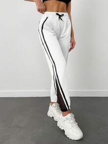 Cottnline 95% Cotton Contrast Tape Drawstring Waist Slant Pocket Sweatpants - White - View 5