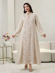 Al Najma 刺绣、提花、串珠连衣裙，传统阿拉伯风格女装 - 杏色 - 查看 4