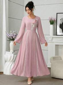 Al Najma Elegant Embroidered Beaded Romantic Dress For Women - Pink - View 6