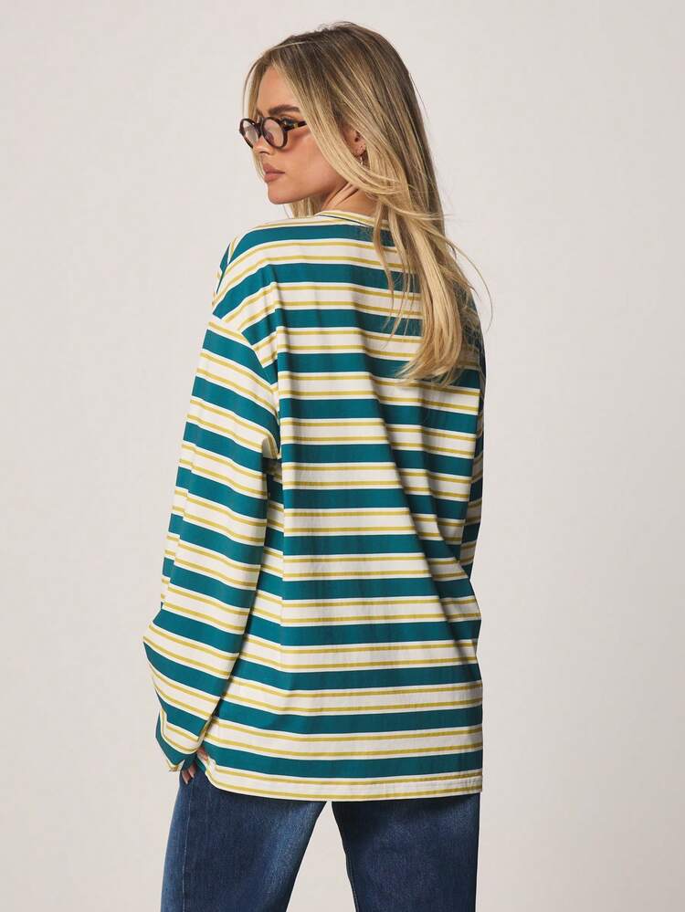 MISSGUIDED Oversized Horizontal Striped Long Sleeve Crew Neck T-Shirt For Women Casual Comfort Fall Winter Cotton Blend Relaxed Fit Top