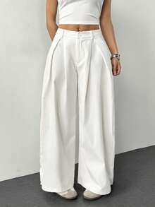 SHEIN PETITE 女士夏季复古休闲街头风外出宽松军绿色弧形裤脚长裤白色阔腿裤 - 白色 - 查看 7