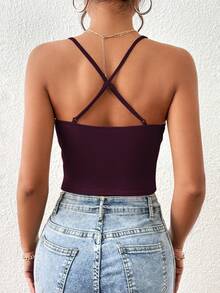 SHEIN Essnce Áo hai dây xếp ly màu trơn thanh lịch dành cho nữ, thích hợp cho mùa hè. - Màu đỏ tím - Xem 2