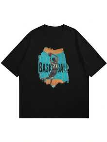 Versatile Baggy Short Sleeve T-Shirt With Fun Basketball Print, Ideal For Vacation, Work And Use - Black 8 - View 3